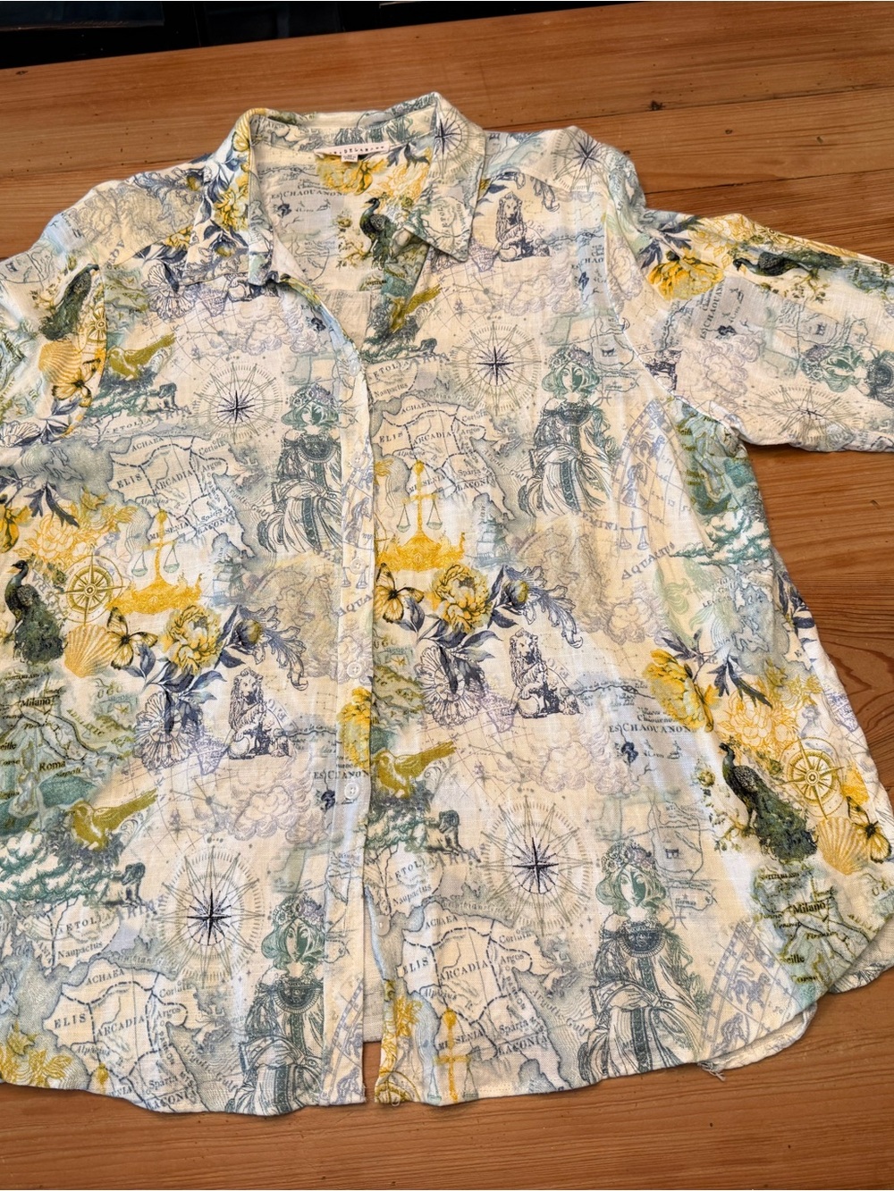 Ladies Tropical Map-Print Short Sleeve Shirt - White/Yellow/Green